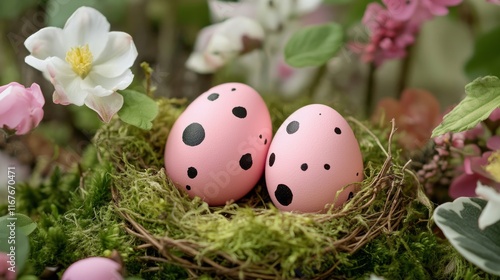 Colorful speckled eggs nestled in a vibrant spring garden with blooming flowe...