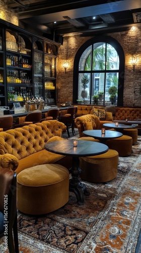 Stylish lounge area with vintage decor and cozy seating in a trendy cafe