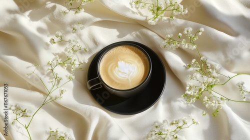 Coffee cup with floral accents on soft fabric in warm light creates a serene ...