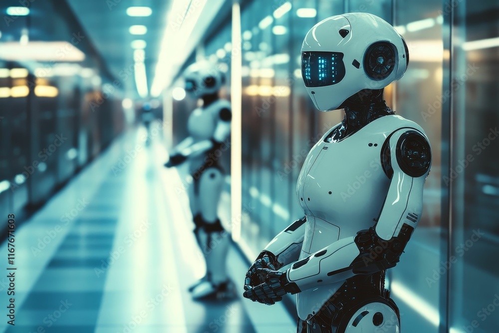 Futuristic robots stand hallway; modern setting. Futuristic robots stand hallway; modern setting.