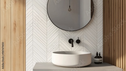 Modern bathroom design featuring a sleek basin and elegant mirror with wooden...
