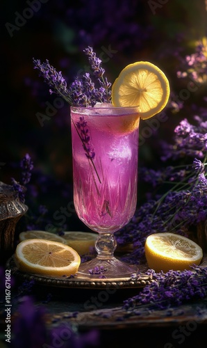 Refreshing citrus drink in a crystal glass with lemon and lavender on a woode...