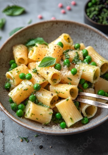 Delicious rigatoni pasta with basil pesto and peas served in a rustic bowl