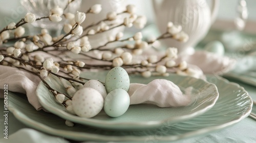 Spring celebration table setting with bunny and decorated eggs