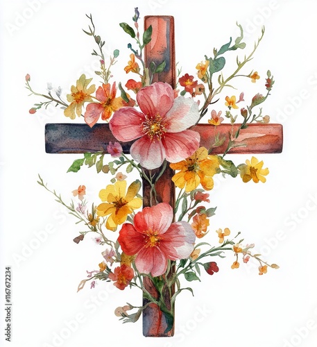 Floral cross design with colorful blossoms on a white background in a delicat...