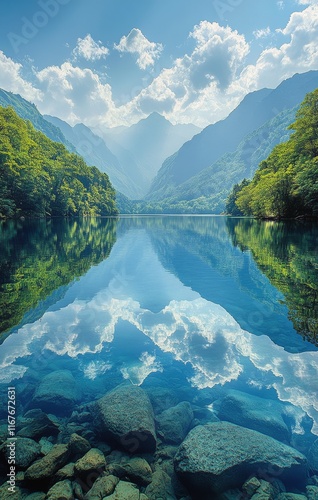 Serenity of a mountain lake surrounded by lush greenery and majestic peaks un...