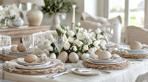 Elegant dining table set with fresh eggs and candles for a special gathering ...