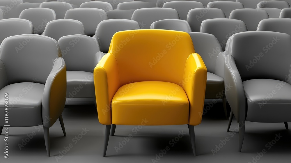 Fototapeta premium A striking yellow armchair stands out among gray chairs in a minimalist seating arrangement.