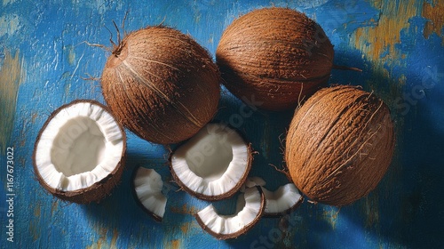Fresh coconuts displayed on a blue rustic surface with cut pieces arranged ar...
