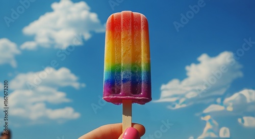 Colorful rainbow popsicle against a clear blue sky on a sunny day