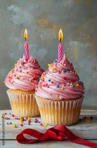Celebratory cupcakes topped with pink frosting and candles at a joyful gathering