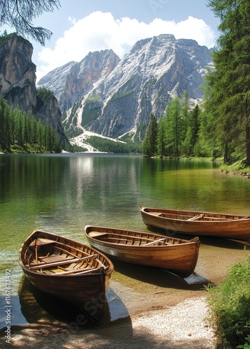 Serene lake with wooden boats and mountain backdrop in a tranquil natural set...