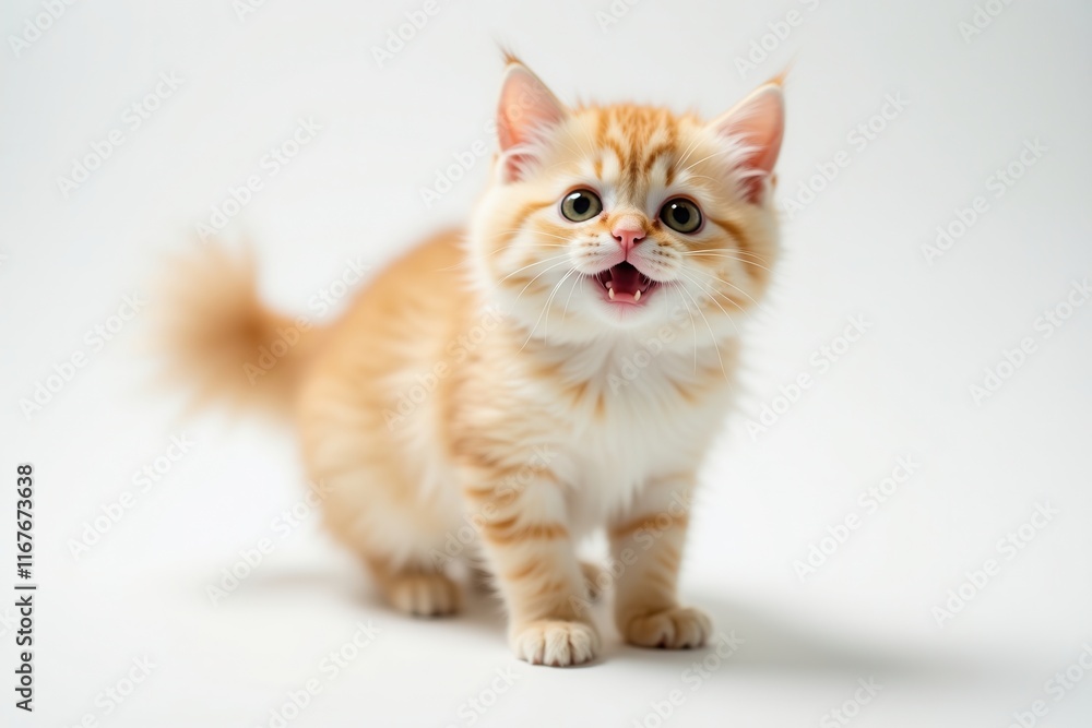 Adorable Orange Munchkin Kitten with Open Mouth Isolated on White Background for Pet Lover Design Adorable Orange Munchkin Kitten with Open Mouth Isolated on White Background for Pet Lover Design