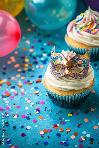 Colorful cupcakes decorated for a festive celebration with playful elements a...