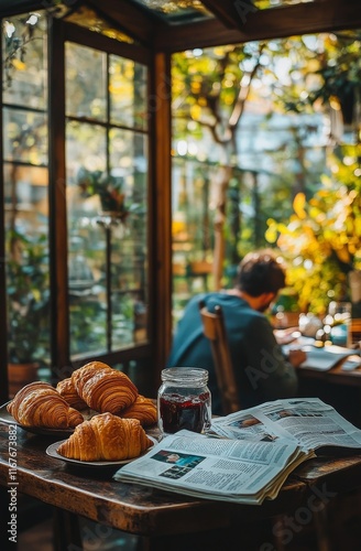 Freshly baked croissants served with savory sauce on wooden board