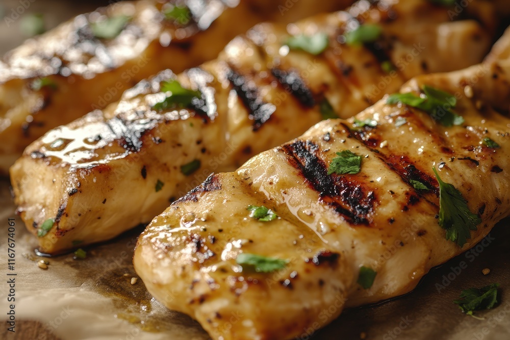 Grilled chicken fillets garnished with herbs on a wooden surface during a summer barbecue gathering Grilled chicken fillets garnished with herbs on a wooden surface during a summer barbecue gathering