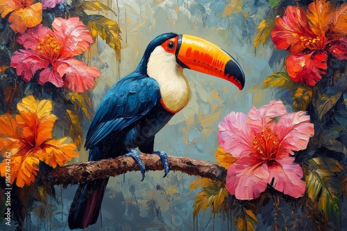 Colorful toucan perched on branch among vibrant flowers in tropical setting