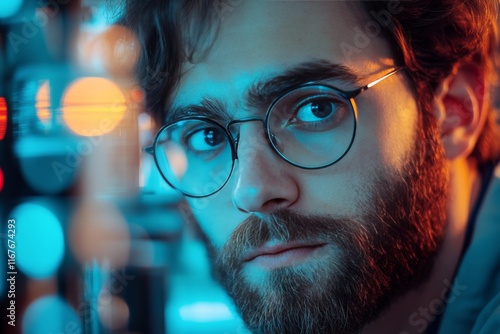 Scientist in laboratory analysis under blue light at night revealing focused ...