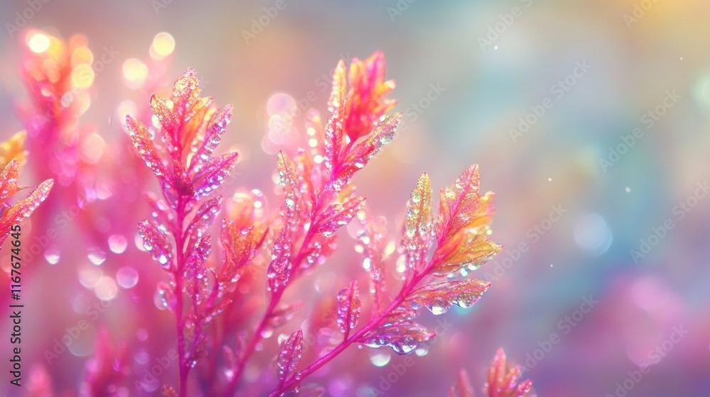 Obraz premium Vibrant pink plant growth with dew drops nature macro photography colorful environment
