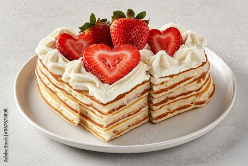 Strawberry-topped heart pancakes on a white background photo