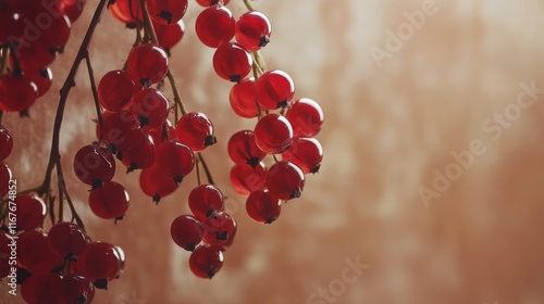 Clusters of red berries hanging from a branch against a textured brown backgr...