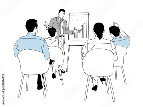 Business Men and women taking part in presentation, conference, meeting. Business concept illustration. Modern vector simple outline style for graphic, web design. Isolated on transparent background.