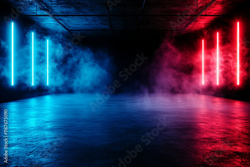dramatic empty space illuminated by blue and red neon lights, with smoke creating mysterious atmosphere. contrasting colors enhance visual impact