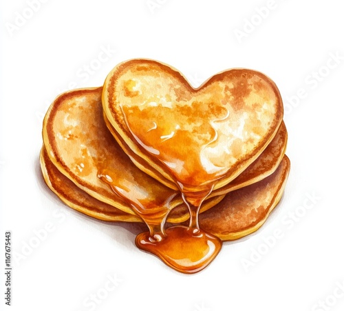 Watercolor design of a heart-shaped honey jam on a pancake for Valentine's dessert decoration photo