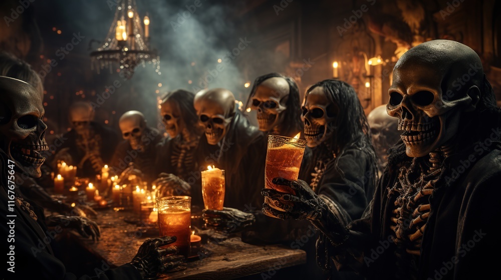 Realistisches Bild einer deutschen Halloween-Party mit traditionellen Karbislaternen, verkleideten Menschen und einer gruseligen Atmosphere Realistisches Bild einer deutschen Halloween-Party mit traditionellen Karbislaternen, verkleideten Menschen und einer gruseligen Atmosphere