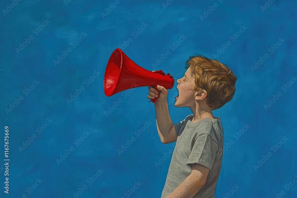 Minimalist Photography of a Boy Shouting Through a Red Megaphone Against a Blue Background Minimalist Photography of a Boy Shouting Through a Red Megaphone Against a Blue Background