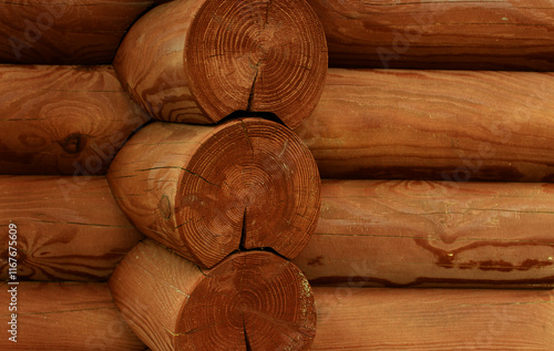 Logs Notching Of Log Cabin Outstanding Corner. Joinery Technique Of Traditional Log Building  photo