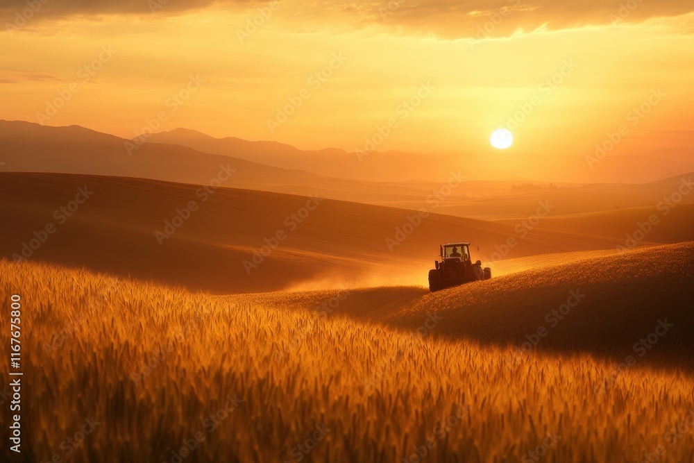 Fototapeta premium Tractor plowing golden fields under a stunning sunset in rural landscape
