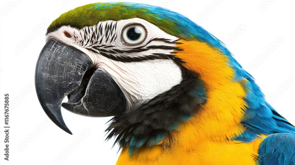 Fototapeta premium Vibrant macaw parrot close-up wildlife photography studio bright white background detailed animal features