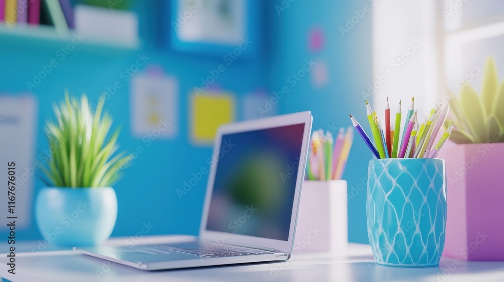Bright and Organized Workspace with Laptop and Stationery Bright and Organized Workspace with Laptop and Stationery