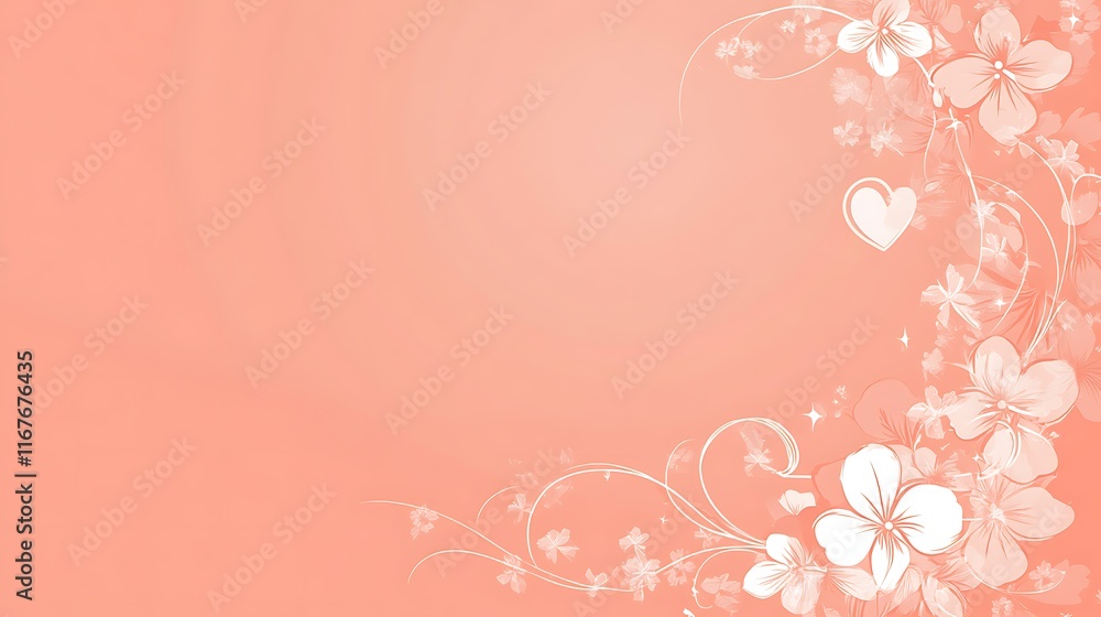 Peach Background With Delicate White Flowers And Heart Peach Background With Delicate White Flowers And Heart