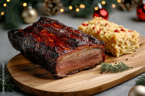 culinary celebration, beef brisket and noodle kugel on a wooden board in a festive kitchen with purim decorations, creating a rich, aromatic scene photo