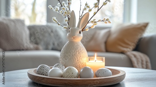 Spring home decor featuring an elegant arrangement with a bunny, flowers, and...