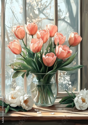 Colorful tulips and peonies arrangement in a clear glass vase near a bright w...