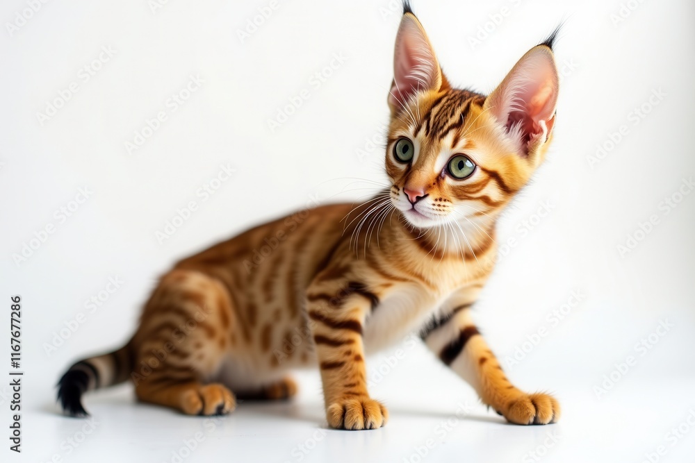 Obraz premium Adorable Toyger kitten with striking stripes and captivating green eyes on a white backdrop
