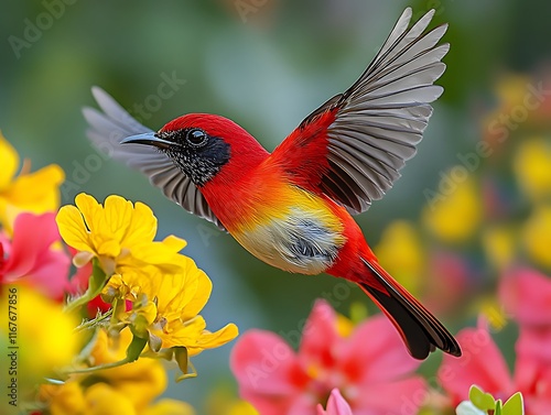 Crimson Sunbird Aethopyga siparaja small red bird long curved beak hovering near tropical bloom vibrant background fading into soft greenery photo