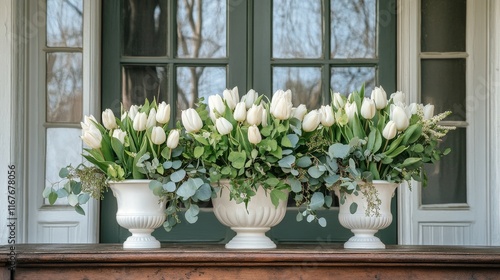 Beautiful white tulip arrangements on a wooden table in a bright room with la...