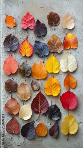 Colorful autumn leaves arranged in a decorative pattern on a white background