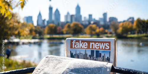 A newspaper with a fake news headline in the background of the city. Creative concept of misinformation, deception, yellow press and fakes photo