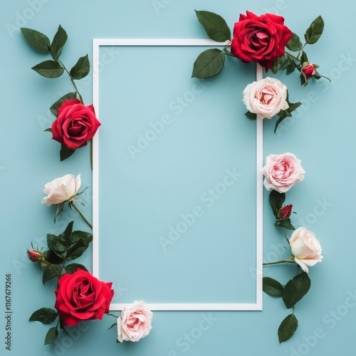 Floral arrangement with red and white roses on a blue background for creative...