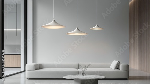 Modern minimalist interior design with artful lighting and abstract elements ...