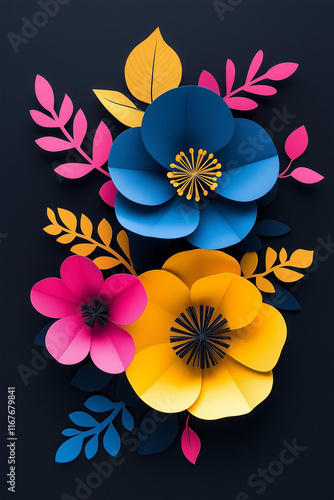 3 D Floral wallpaper: Colorful Layered Papercraft Flowers with Blue, Yellow, and Pink Hues
