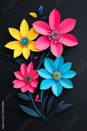 3 D Floral wallpaper: Colorful Layered Papercraft Flowers with Blue, Yellow, and Pink Hues
