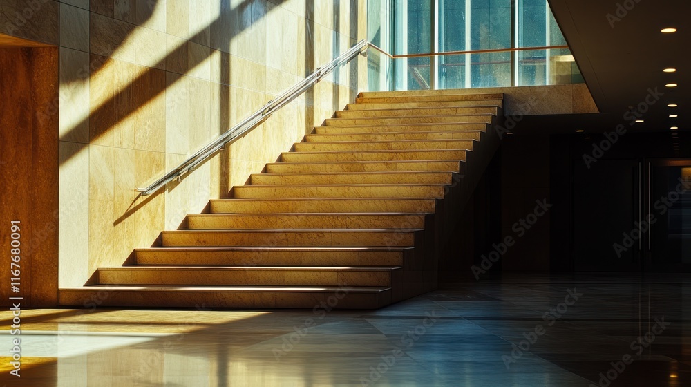 Obraz premium Sunlit modern interior staircase with stone steps and metal railing.