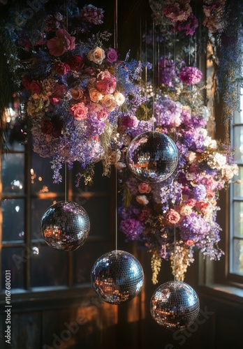 Decorative floral installation with hanging mirrors in bright indoor space
