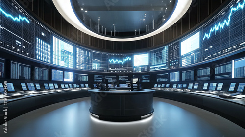 stock market trading floor with digital screens showing charts and numbers, financial analysts